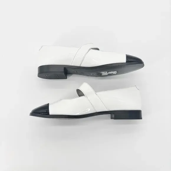 Chanel CC Logo Turnlock Calfskin Patent Leather Cap Toe Maryjane Flats Shoes 37 - Picture 7 of 13